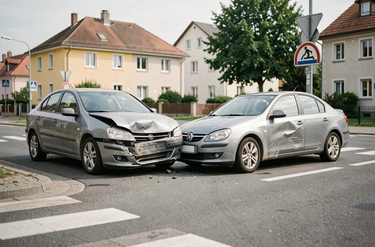 Deux véhicules accidentés à un carrefour urbain illustrant les limites de l'assurance auto au tiers