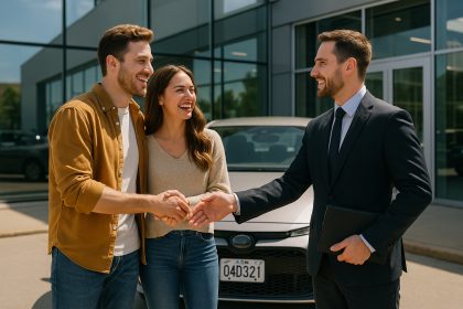 Couple heureux serrant la main d un agent automobile devant un concessionnaire