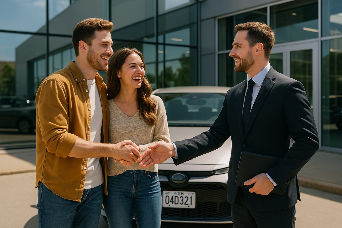 Couple heureux serrant la main d un agent automobile devant un concessionnaire