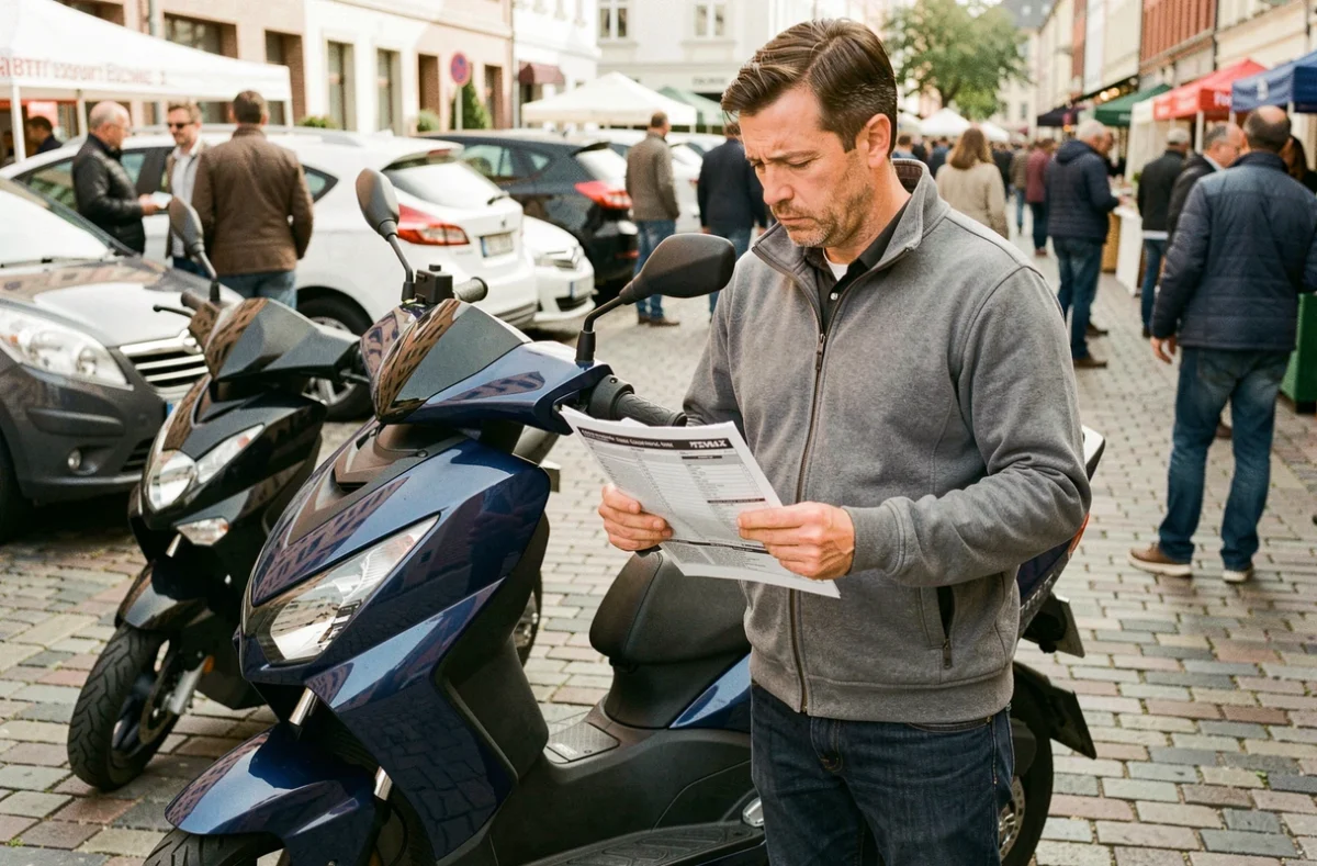 Homme inspectant un TMAX 750 lors d'une vente privée en consultant une annonce imprimée avec une expression dubitative