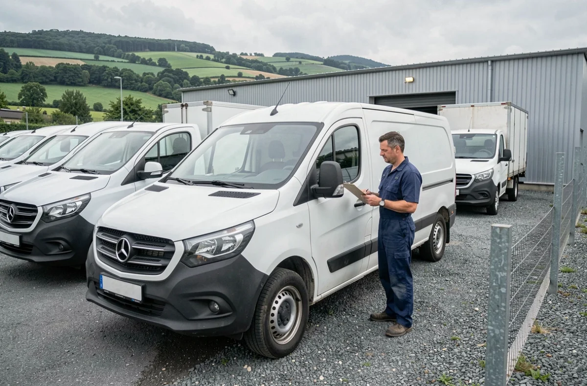 Parc de véhicules utilitaires blancs de l'agence Activa à Woippy avec un technicien en combinaison bleue inspectant une camionnette