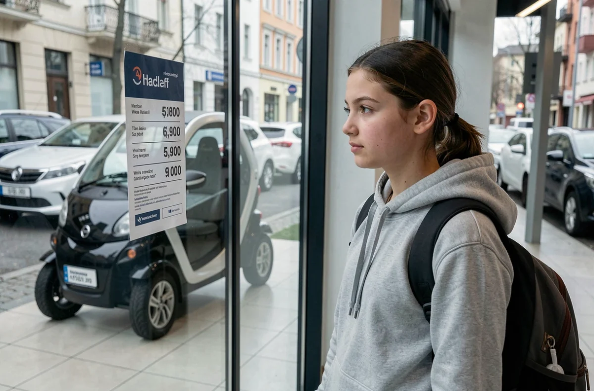 Adolescente devant une vitrine de concessionnaire examinant le prix d'une voiture sans permis en vue d'un achat après le BSR