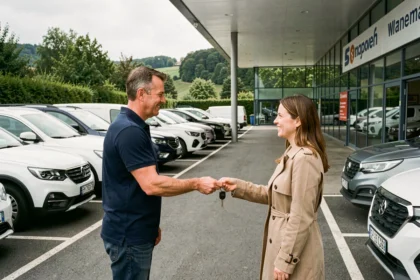 Vue générale d'une agence de location de voitures en Moselle avec des véhicules alignés et des agents professionnels