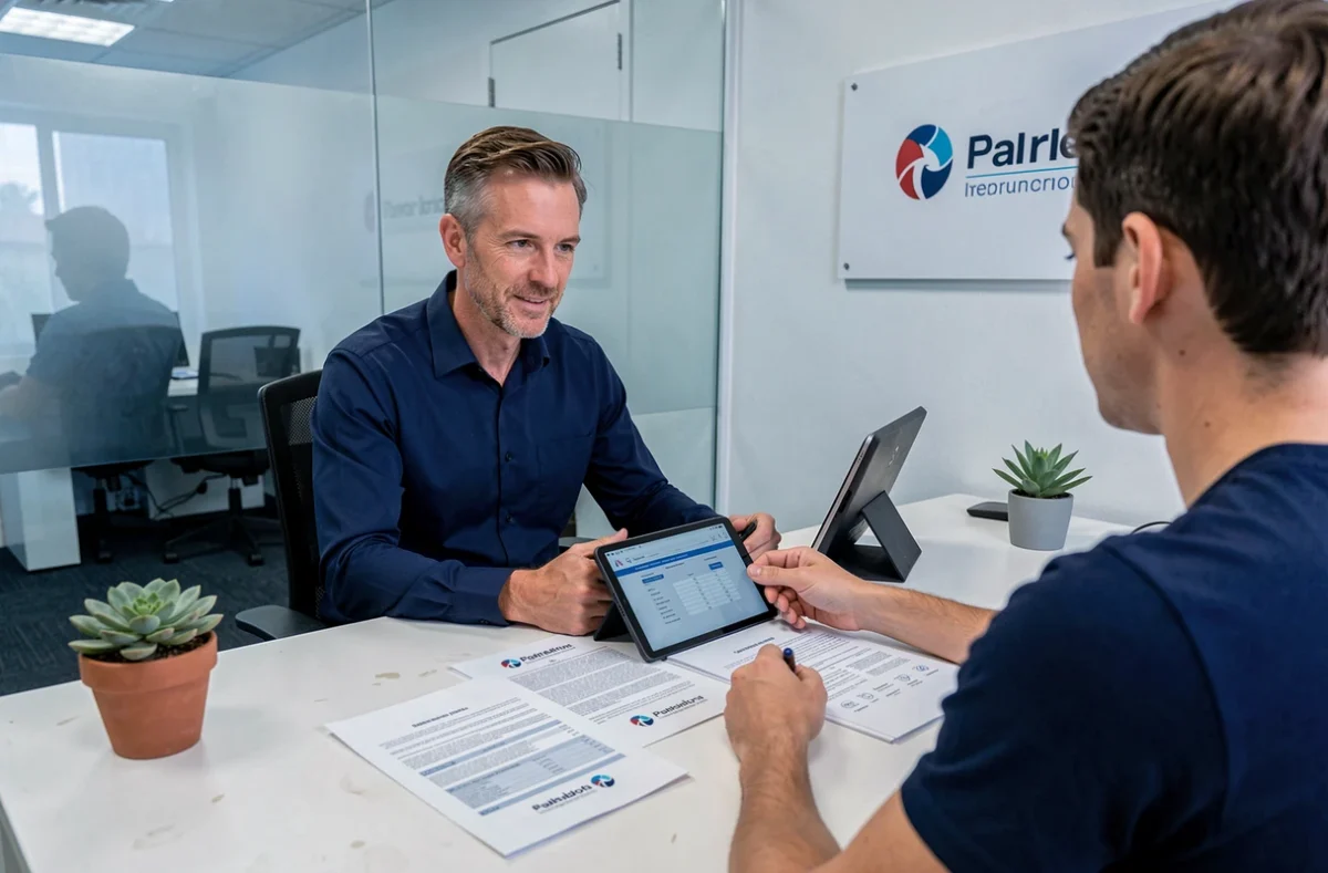 Agent d'assurance présentant un devis pour scooter 49cc à un client dans un bureau professionnel