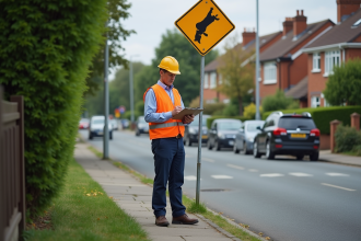 Agent municipal en veston orange pose un panneau de rue