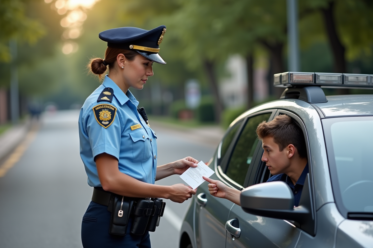 Agent de police remettant un ticket à un jeune conducteur