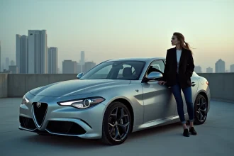 Alfa Romeo Giulia sur un toit au crépuscule avec une femme regardant la ville