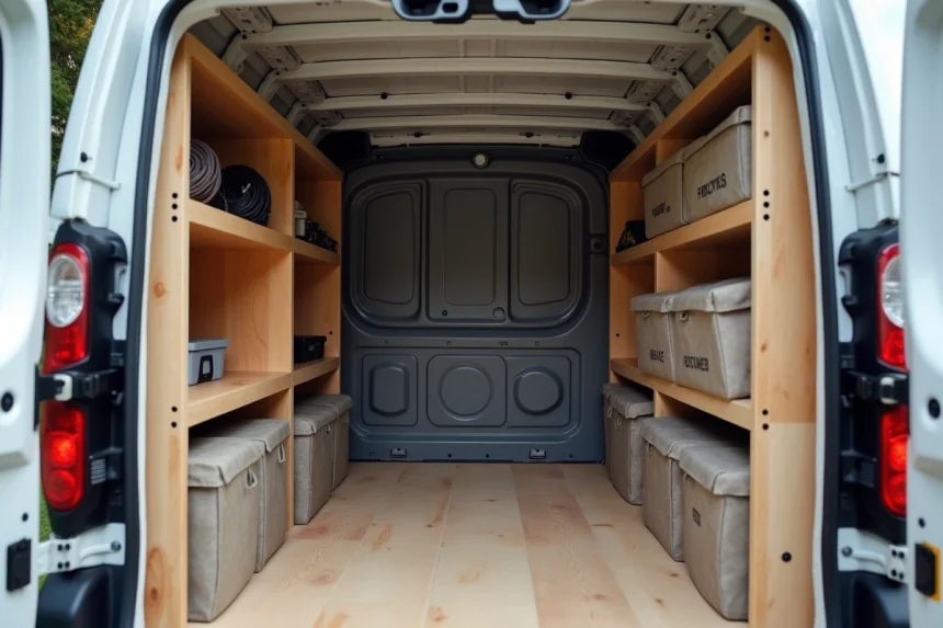 Aménagement intérieur d'un Kangoo avec étagères en bois et bacs de rangement organisés dans le coffre