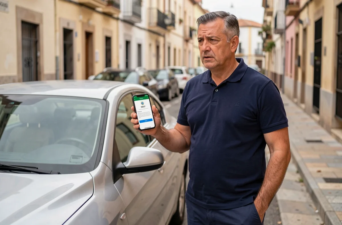 Homme consultant une amende DGT reçue sur son smartphone dans une rue espagnole