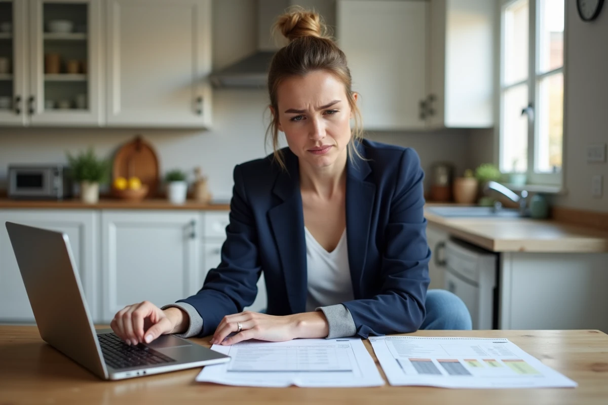 Une femme analyse sa facture de gardiennage de garage et ses documents d'assurance après un sinistre automobile à son domicile