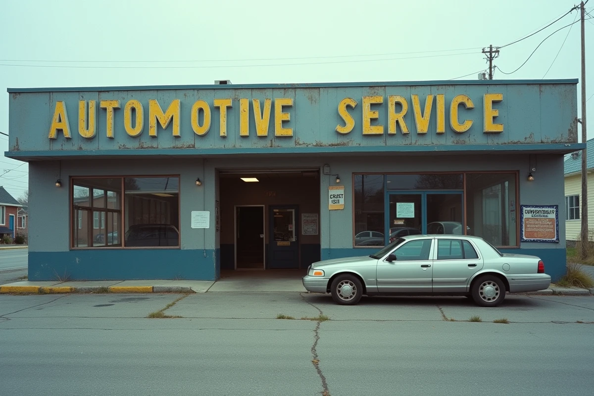 Façade d'un ancien centre de services Dinatel Auto fermé, symbole de la disparition de l'enseigne du paysage automobile français