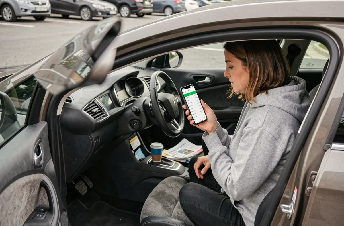 Femme consultant une application de diagnostic OBD sur smartphone pour lire le code P1351 sur une Peugeot 308
