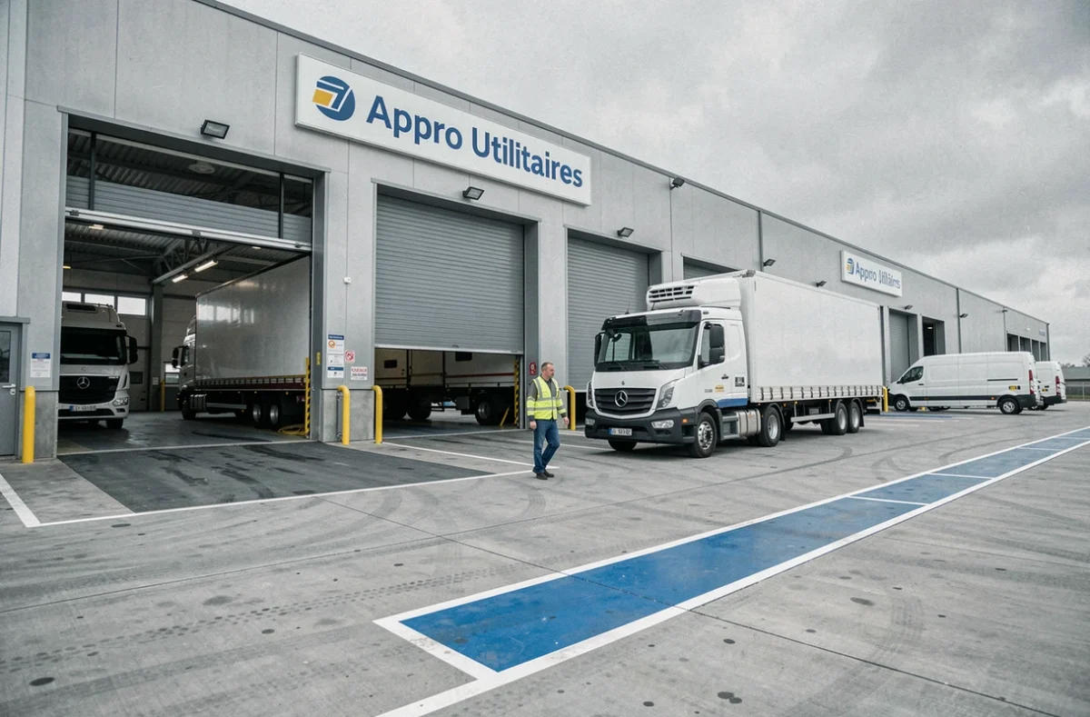 Centre Appro Utilitaires spécialisé dans le contrôle technique des utilitaires et poids lourds avec un technicien inspectant un camion frigorifique