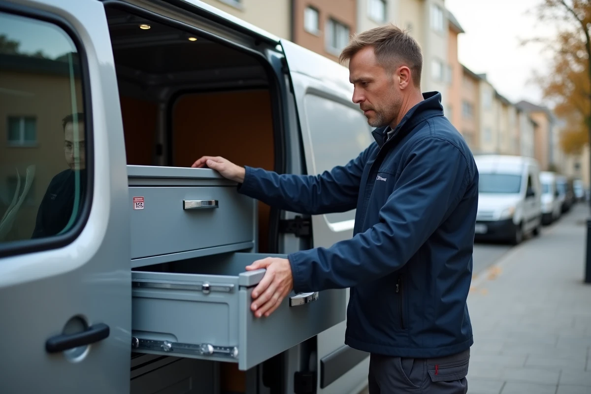Artisan accédant à un système de tiroirs modulaires aménagé dans un Kangoo gris garé en ville