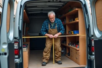 Artisan mesurant l'intérieur d'un van utilitaire Renault Trafic