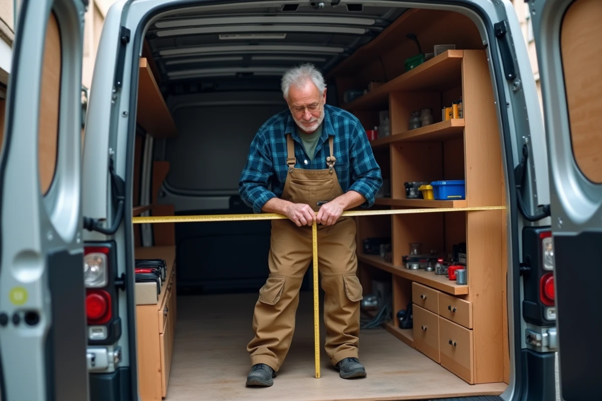 Artisan mesurant l'intérieur d'un van utilitaire Renault Trafic