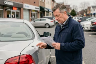 Homme examinant les dommages sur son véhicule avec des documents d'assurance auto à la main dans un parking urbain