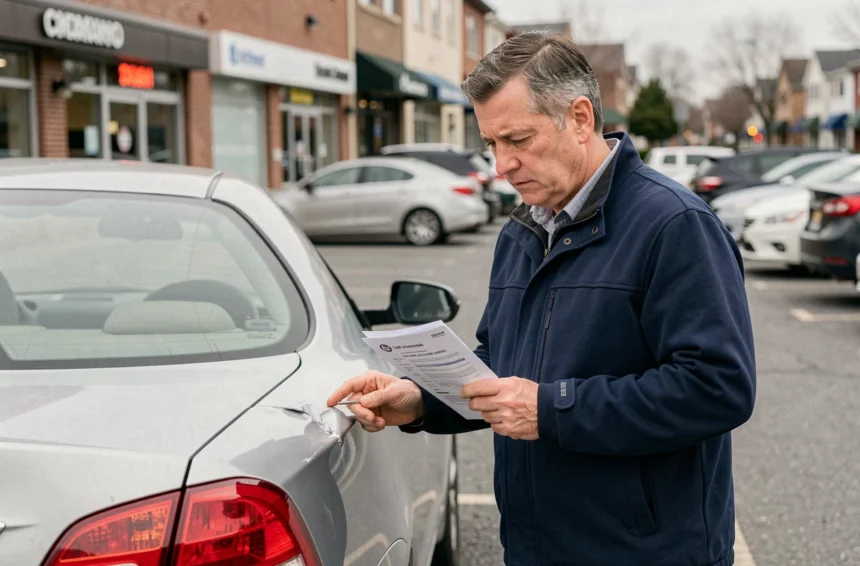 Homme examinant les dommages sur son véhicule avec des documents d'assurance auto à la main dans un parking urbain