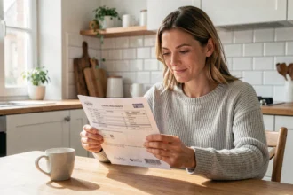 Femme tenant une attestation d'assurance voiture imprimée à la maison, document officiel sur une table en bois