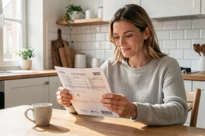 Femme tenant une attestation d'assurance voiture imprimée à la maison, document officiel sur une table en bois