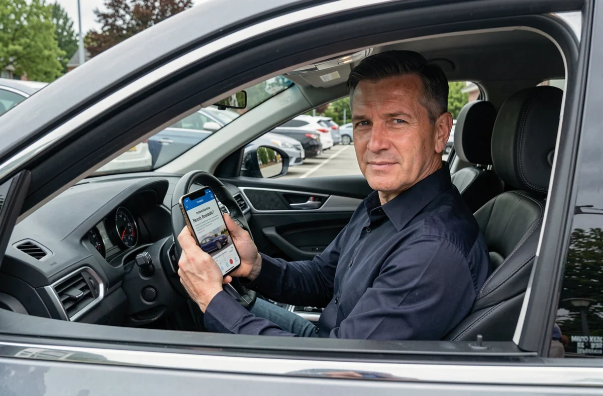 Homme consultant son attestation d'assurance voiture en ligne sur smartphone à l'intérieur d'un véhicule garé