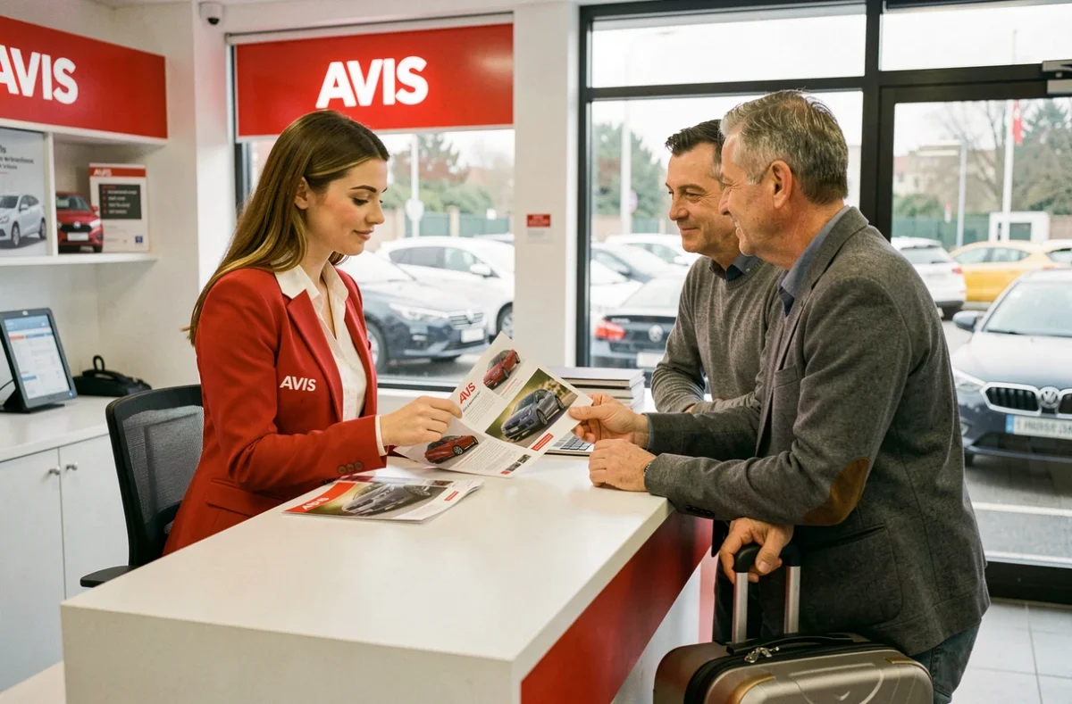Comptoir de l'agence Avis à Metz avec une conseillère en blazer rouge présentant des options de location à des clients