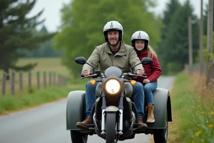 Homme et jeune fille en &eacute;quipement moto sur sidecar en nature