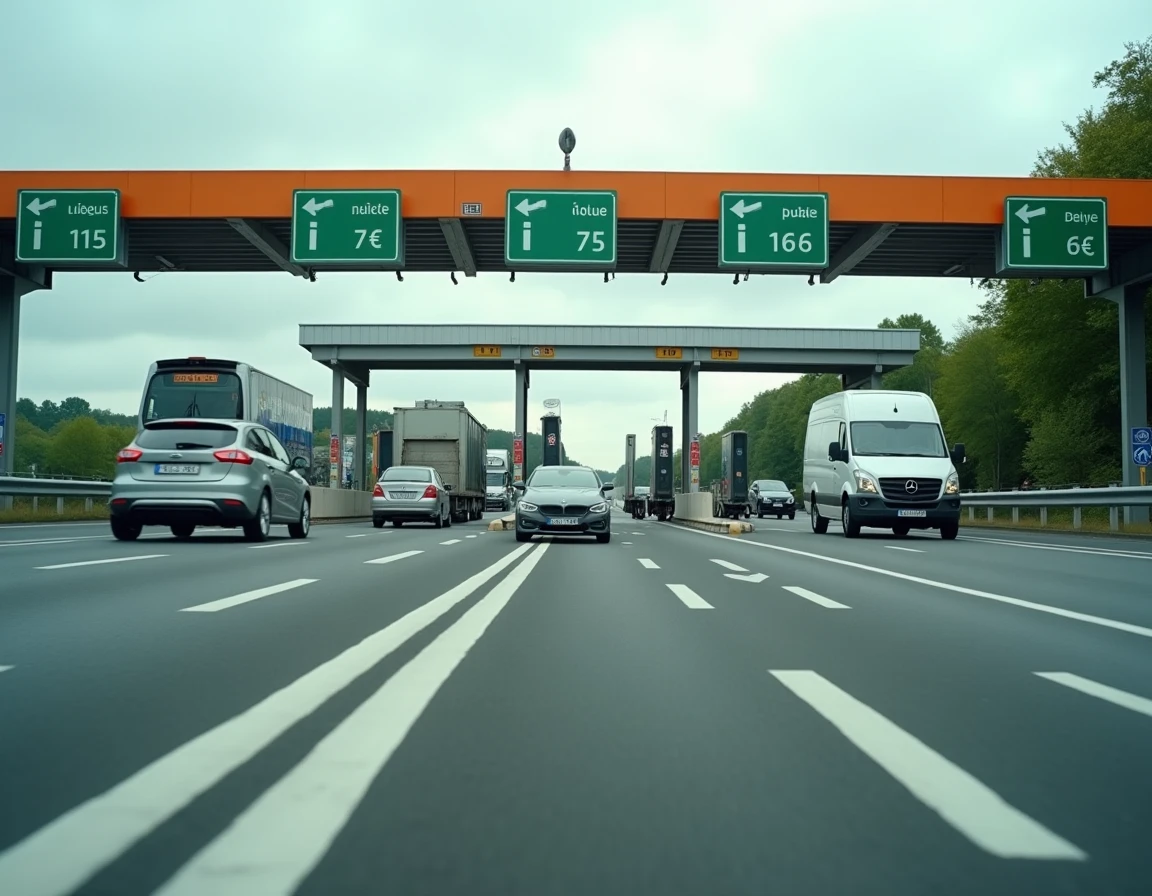 Barrière de péage sur une autoroute française avec gantry tarifaire et plusieurs voies de circulation