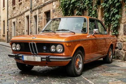 BMW 2002 tii de 1974 en peinture orange Inka garée sur des pavés européens, vue en trois quarts avant mettant en valeur sa silhouette classique et son badge d'injection Kugelfischer