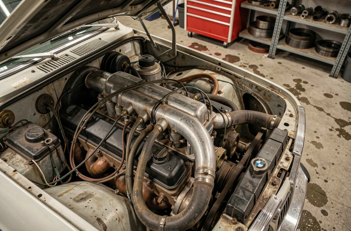 Moteur BMW 2002 tii avec système d'injection mécanique Kugelfischer visible dans un atelier de restauration spécialisé, détail technique en vue plongeante