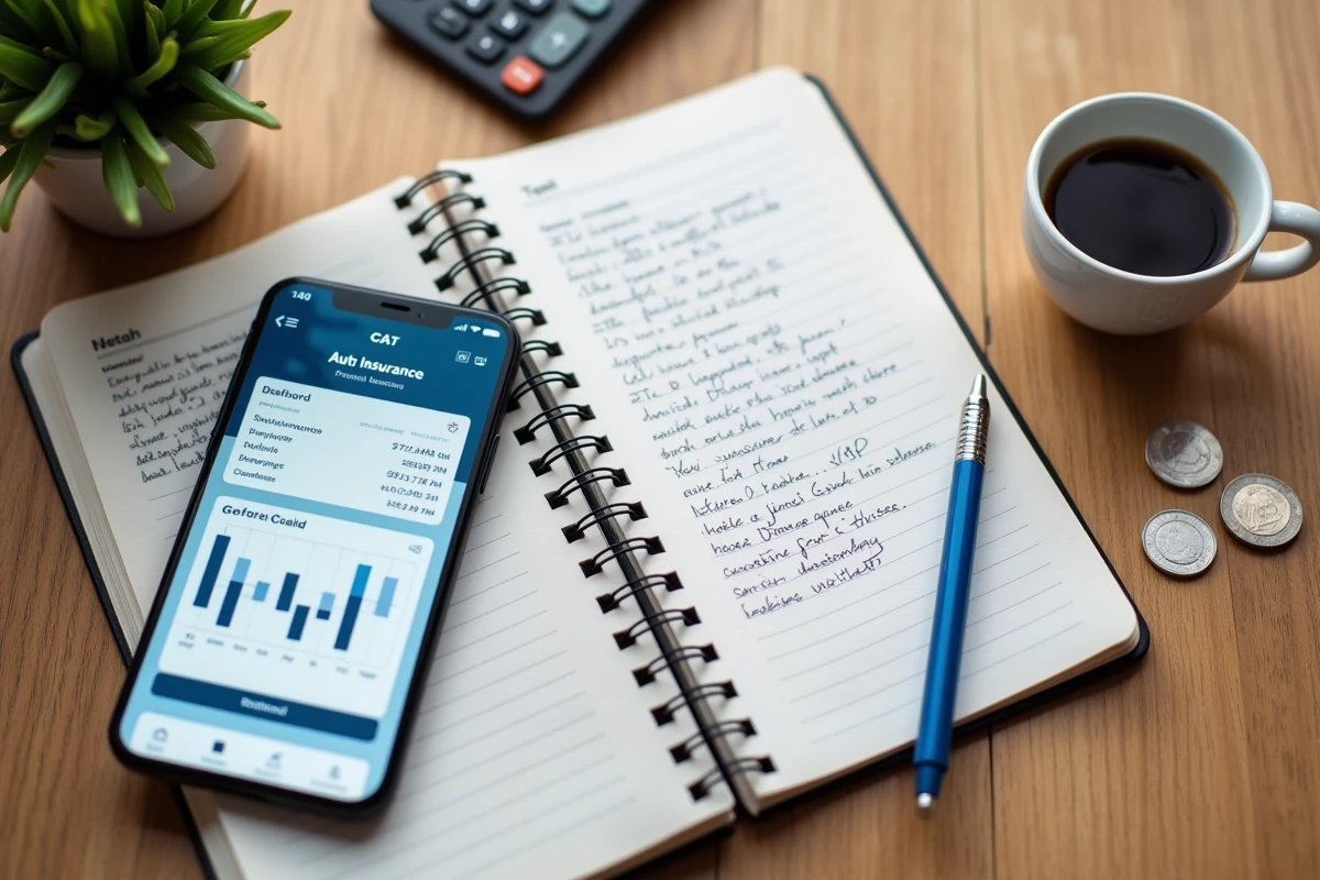 Vue de dessus d'un bureau avec un smartphone affichant une application d'assurance auto, un carnet de budget et une calculatrice
