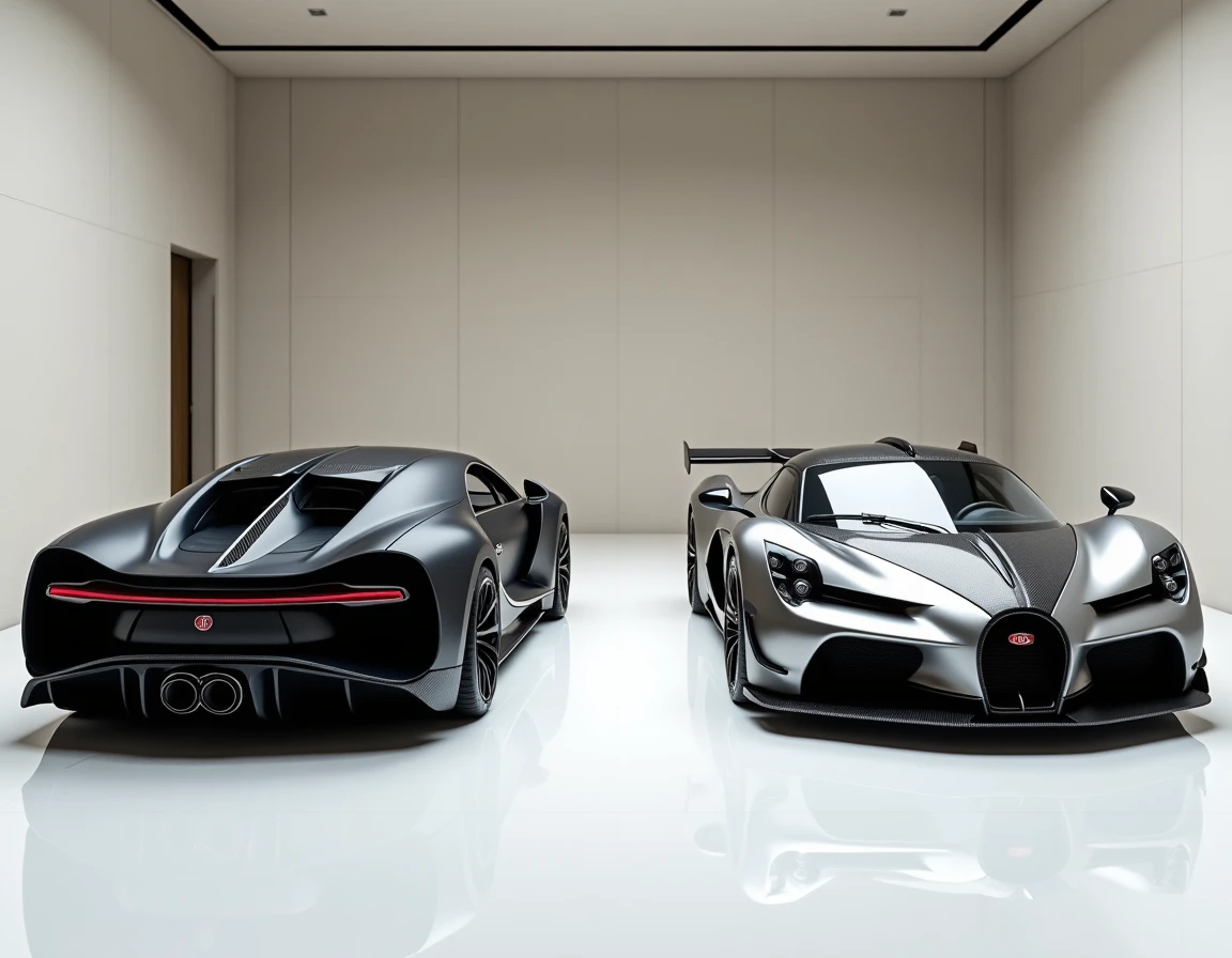 Bugatti Chiron Super Sport et Pagani Huayra R côte à côte dans un showroom de luxe minimaliste pour comparaison de supercars