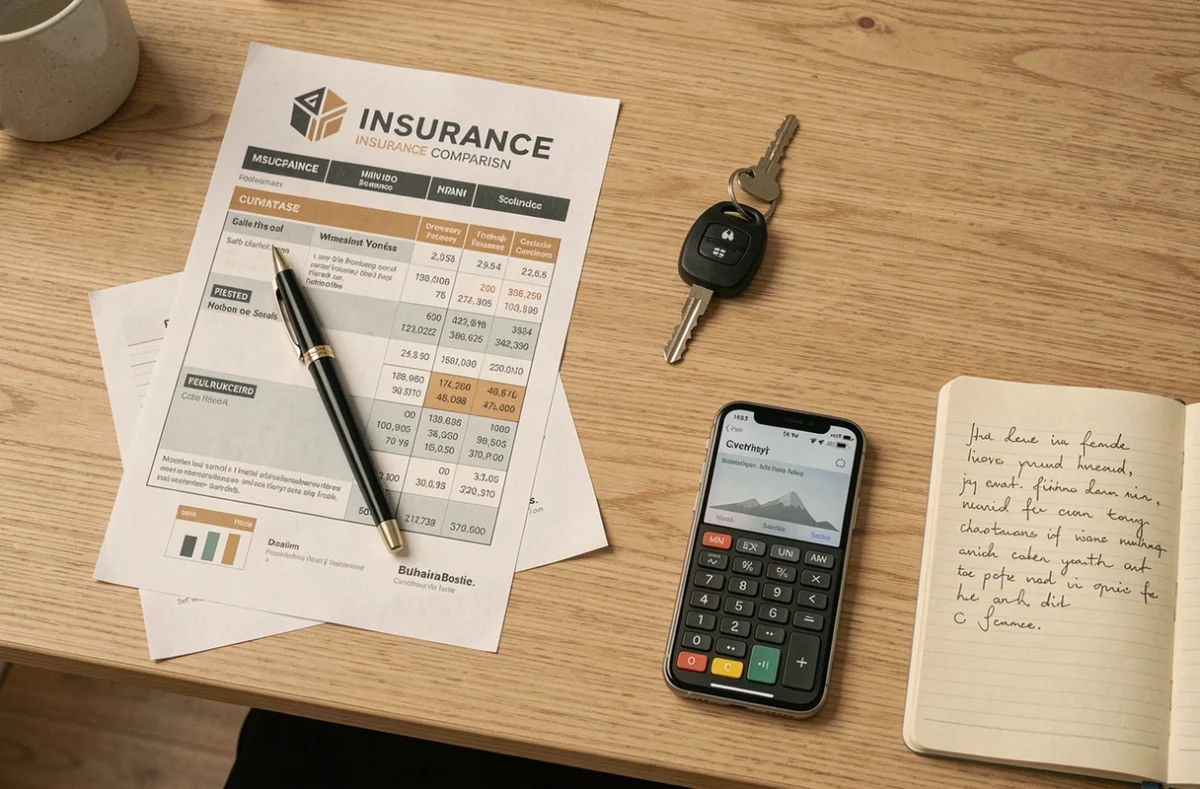 Vue du dessus d'un bureau avec comparatif d'assurance auto, clé de voiture et smartphone avec calculatrice