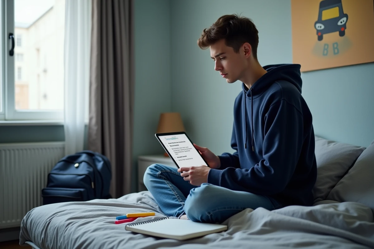 Jeune homme candidat libre préparant le permis de conduire seul avec un PDF de questions sur sa tablette dans sa chambre