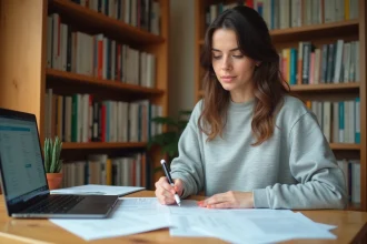 Jeune femme révisant ses questions de permis de conduire sur des fiches PDF imprimées à son bureau à domicile