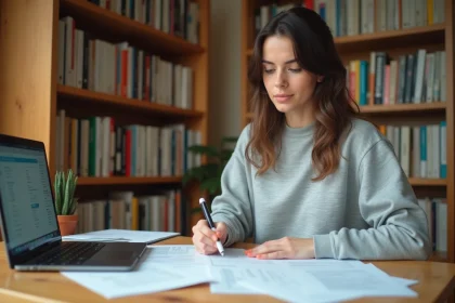 Jeune femme révisant ses questions de permis de conduire sur des fiches PDF imprimées à son bureau à domicile