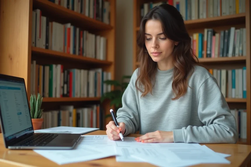 Jeune femme révisant ses questions de permis de conduire sur des fiches PDF imprimées à son bureau à domicile