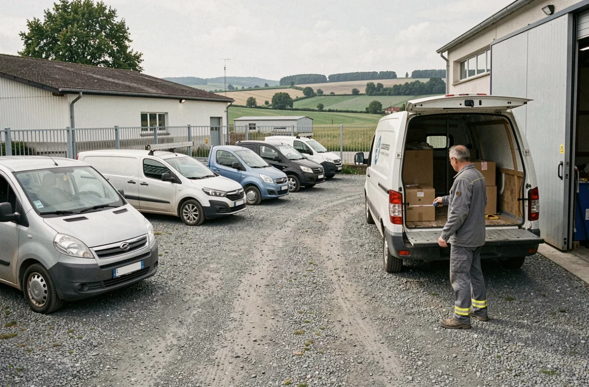 Cour de l'agence CarGo Location à Bousse avec un gérant inspectant un utilitaire dans un parc de véhicules de travail