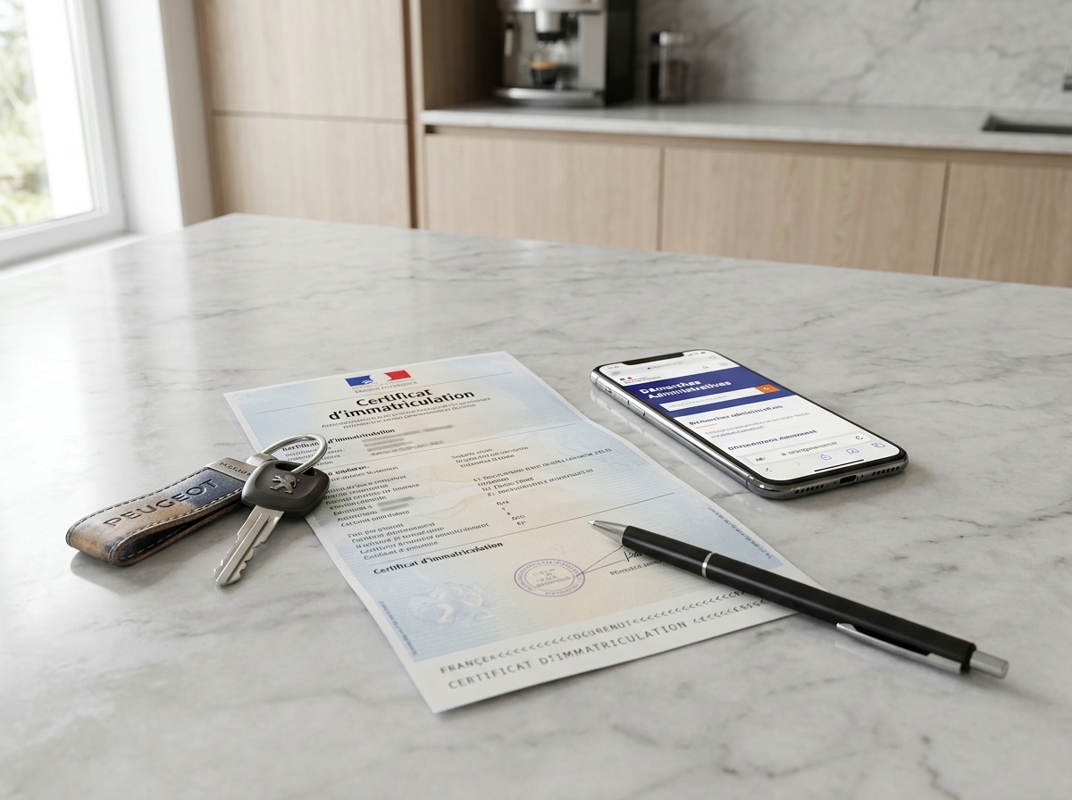 Carte grise française, clés de voiture et smartphone posés sur un bureau pour un changement de carte grise