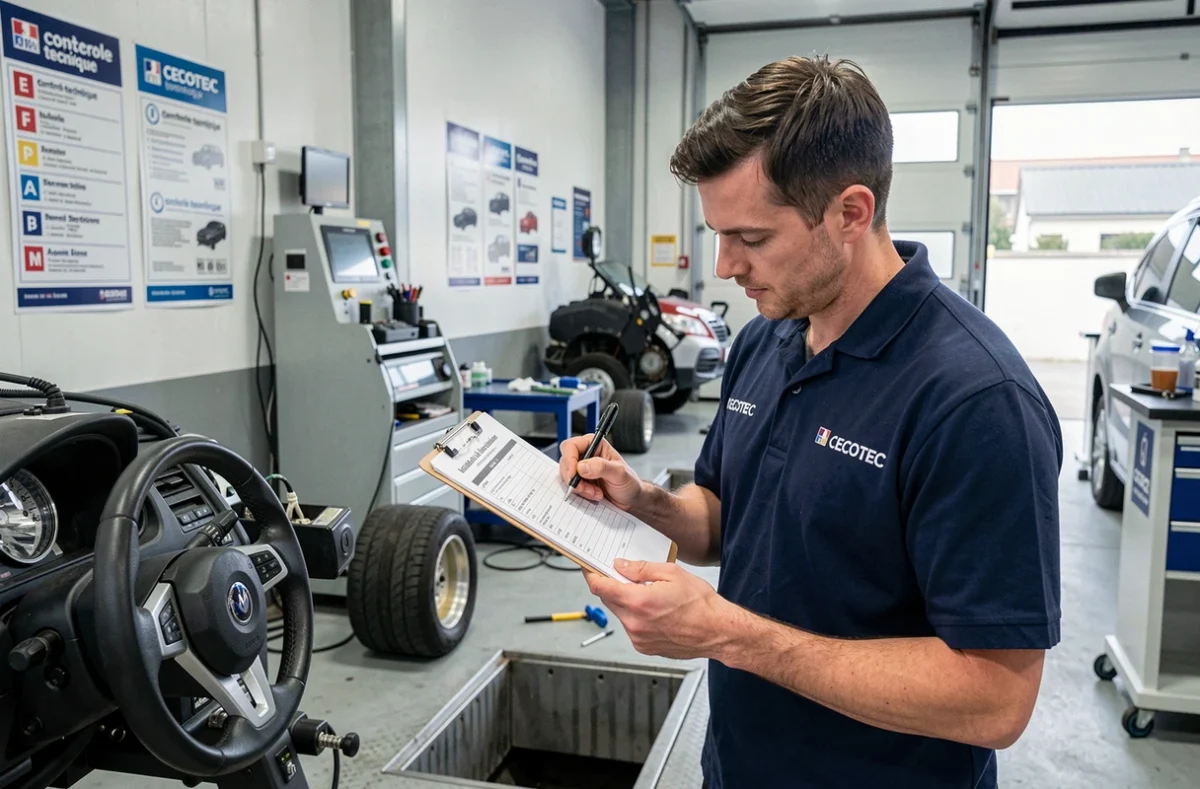 Technicien CECOTEC inspectant les composants de direction d'un véhicule dans un atelier de contrôle technique agréé
