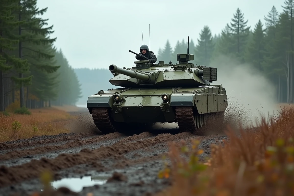Char Challenger 2 en mouvement rapide sur terrain boueux lors d'un exercice OTAN en Europe du Nord