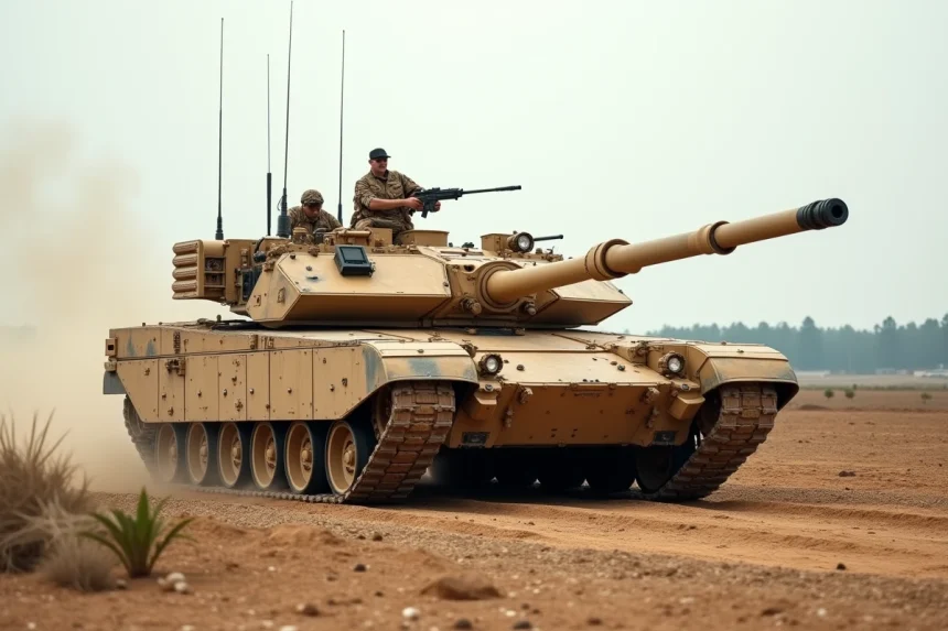 Char Challenger 2 en position sur terrain aride lors d'un exercice de haute intensité, vue trois quarts avant