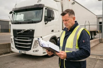 Chauffeur de camion 38 tonnes vérifiant un dossier de mise en conformité dans un dépôt logistique