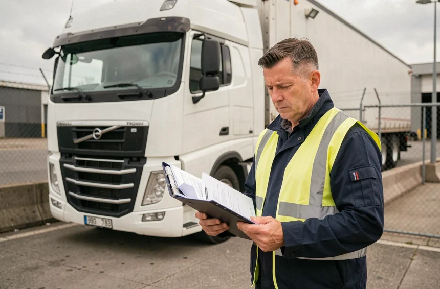 Chauffeur de camion 38 tonnes vérifiant un dossier de mise en conformité dans un dépôt logistique
