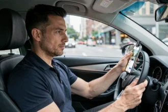 Chauffeur VTC professionnel assis dans son véhicule avec une application de covoiturage sur son smartphone, illustrant la couverture assurance VTC Macif