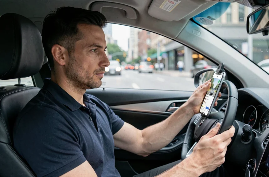 Chauffeur VTC professionnel assis dans son véhicule avec une application de covoiturage sur son smartphone, illustrant la couverture assurance VTC Macif