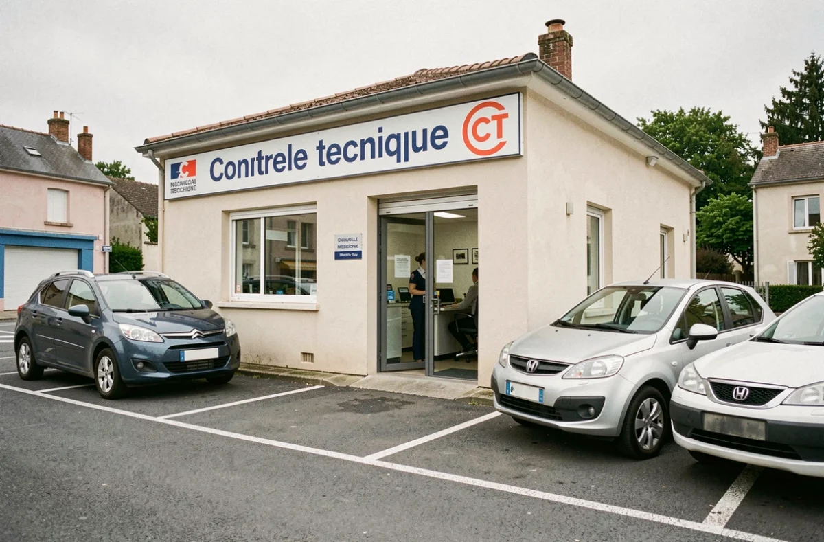 Extérieur du centre Chemillé Contrôle Technique avec des véhicules en stationnement et une réceptionniste visible à l'intérieur
