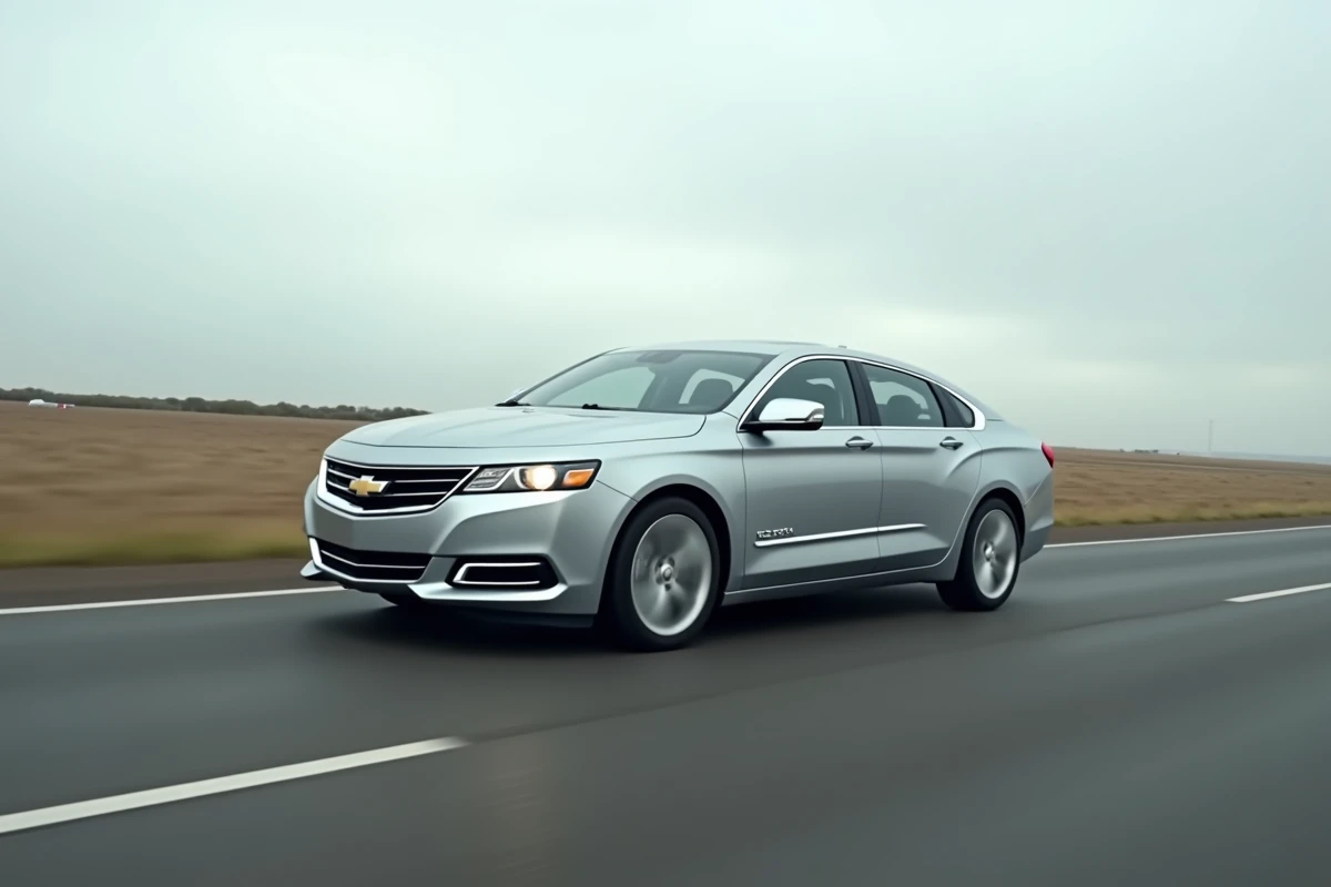 Chevrolet Impala argent en mouvement sur autoroute américaine vue de profil