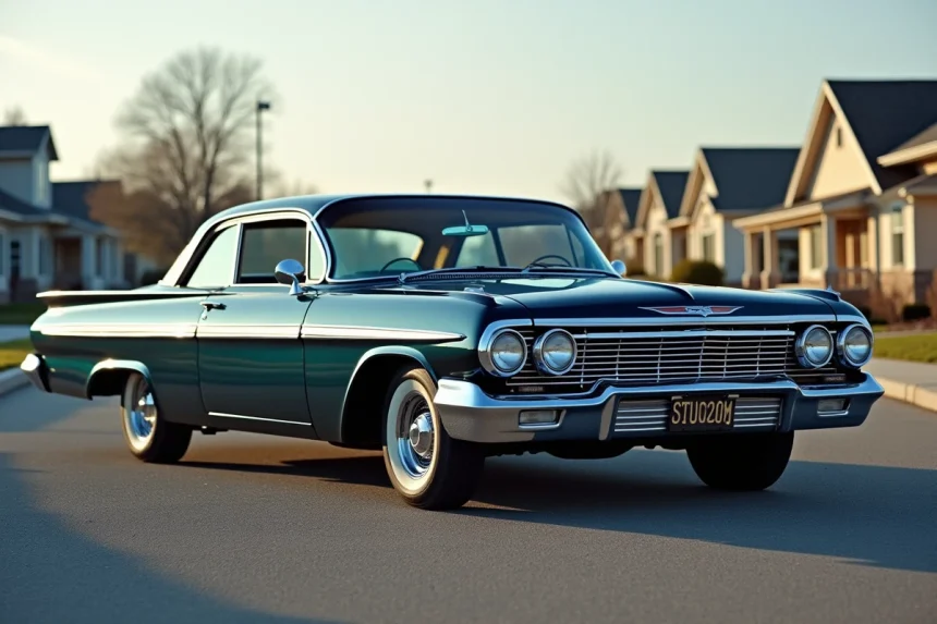 Chevrolet Impala bleu métallisé vue trois quarts avant sur parking américain classique