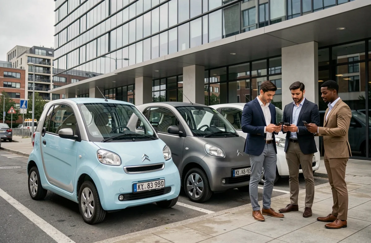 Trois jeunes professionnels près de Citroën Ami en autopartage devant un bâtiment moderne, symbolisant l'essor des voitures sans permis comme solution de mobilité urbaine partagée